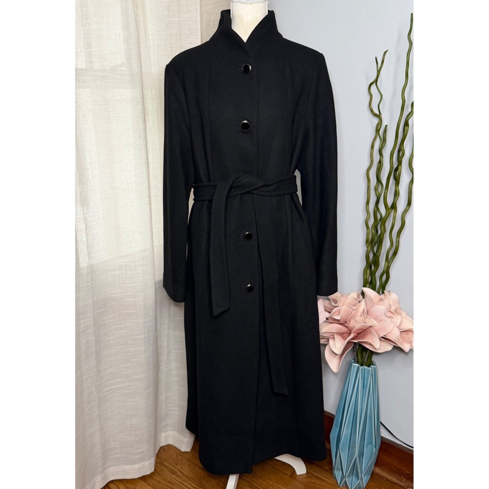 NWT Kate Spade Wool Blend Belted High Neck Coat Black Long Women's Size XL